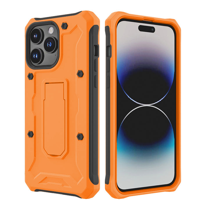 PhoneBits Ultra-Protective iPhone Case with Holder & Chromed Camera Edge, Shockproof Phone Holder Case Compatible with iPhone, Mobile Phone Case with Stand, Back iPhone Holder Case Cover
