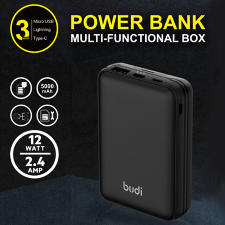 Budi Portable Power Bank 5000mAh, Portable Charger Power Bank with Folding Multi-Functional Box, Fast Charging Power Bank with 3 Ports (Lightning, Type-C, Micro USB) for iPhone/Smartphone
