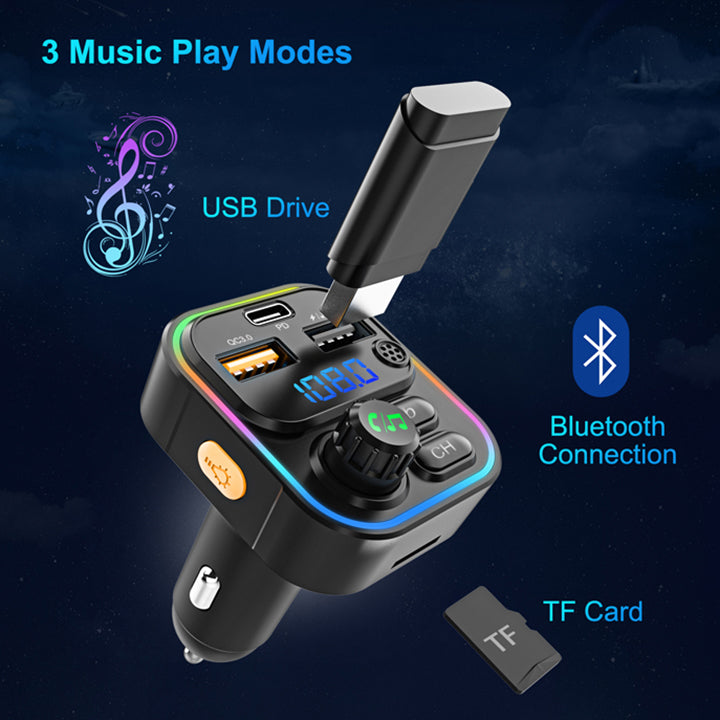 Budi FM Transmitter & Car Charger, USB Fast Charging Wireless Car Charger with PD USB-C/QC 3.0/USB Charging Ports, FM Bluetooth Car Transmitter with MP3/TF Card Ports, Phone Car Adapter with Next/Previous/End Call/Lights/Bass Buttons, Mic & LED Display