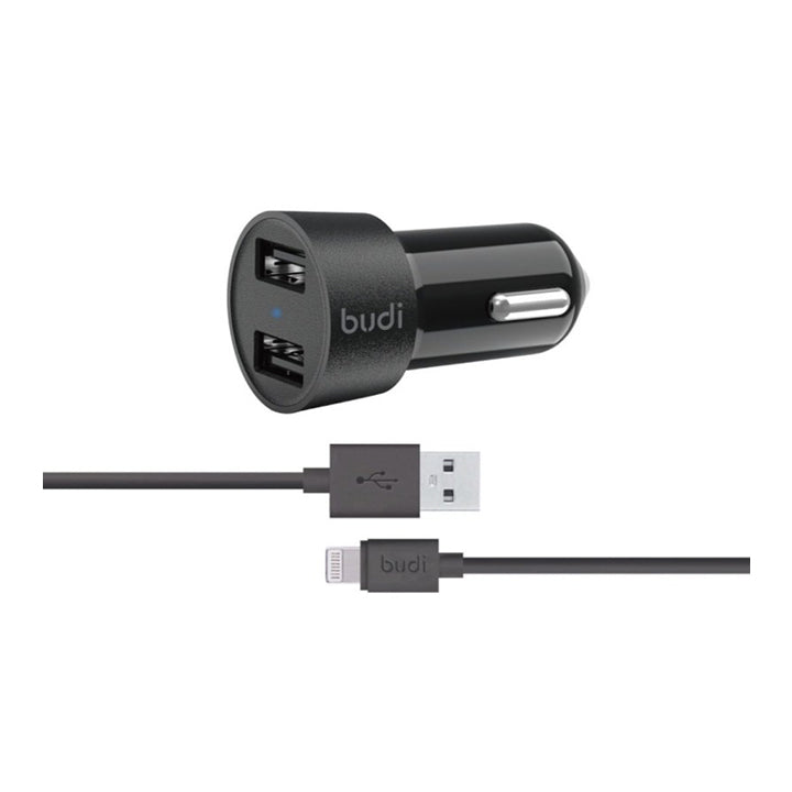 Budi USB Car Charger, Dual USB-A Ports In Car Charger Socket with Lightning/USB-C/Micro USB Cable, Fast Charging Car Phone Charger with LED Indicator, Power Cable Car Charger Adapter for Cigarette Lighter Socket