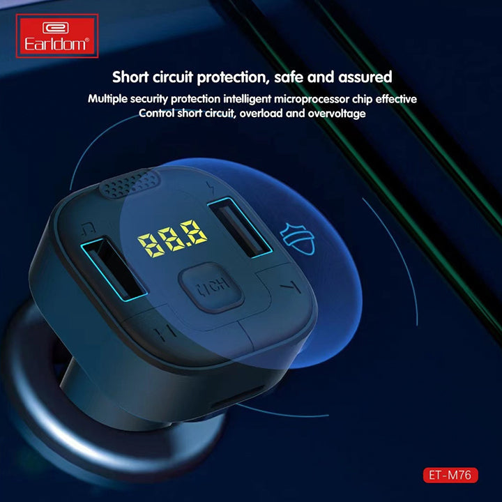 Earldom FM Transmitter & Car Charger, USB Fast Charging Wireless Car Charger with USB-A Charging Port, FM Bluetooth Car Transmitter with MP3 USB Drive/TF Card Ports & Built-In Mic, Phone Car Adapter with Next/Previous/End Call Buttons & LED Display