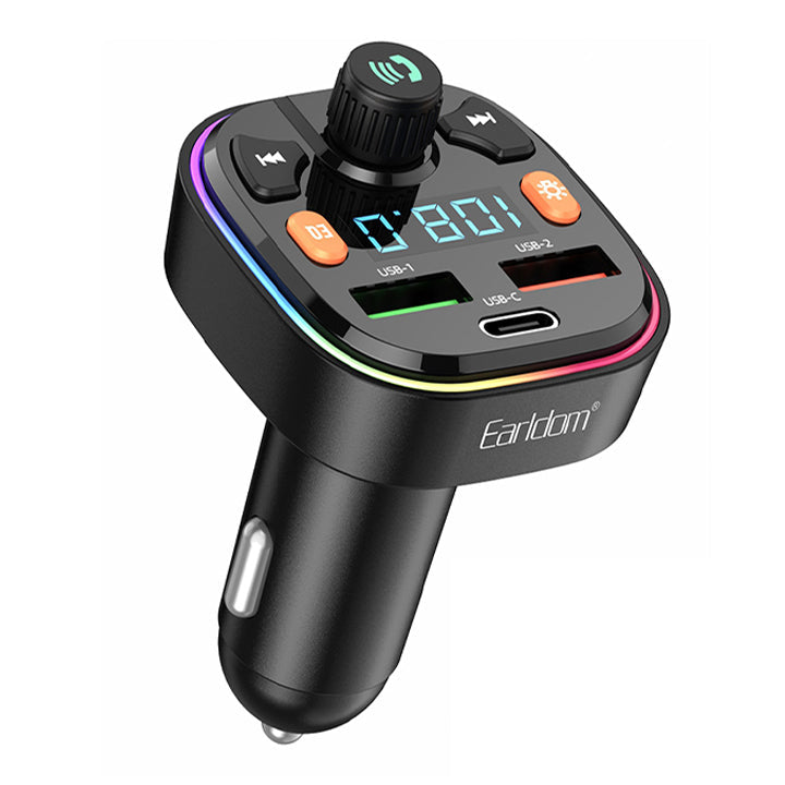 Earldom FM Transmitter & Car Charger, USB Fast Charging Wireless Car Charger with USB-C/Dual USB-A Ports, FM Bluetooth Car Transmitter with MP3 USB Port & LED Display, Phone Car Adapter with Next/Previous/End Call/EQ/Switch Lights Buttons & Mic