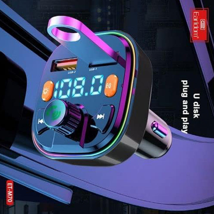 Earldom FM Transmitter & Car Charger, USB Fast Charging Wireless Car Charger with USB-C/Dual USB-A Ports, FM Bluetooth Car Transmitter with MP3 USB Port & LED Display, Phone Car Adapter with Next/Previous/End Call/EQ/Switch Lights Buttons & Mic