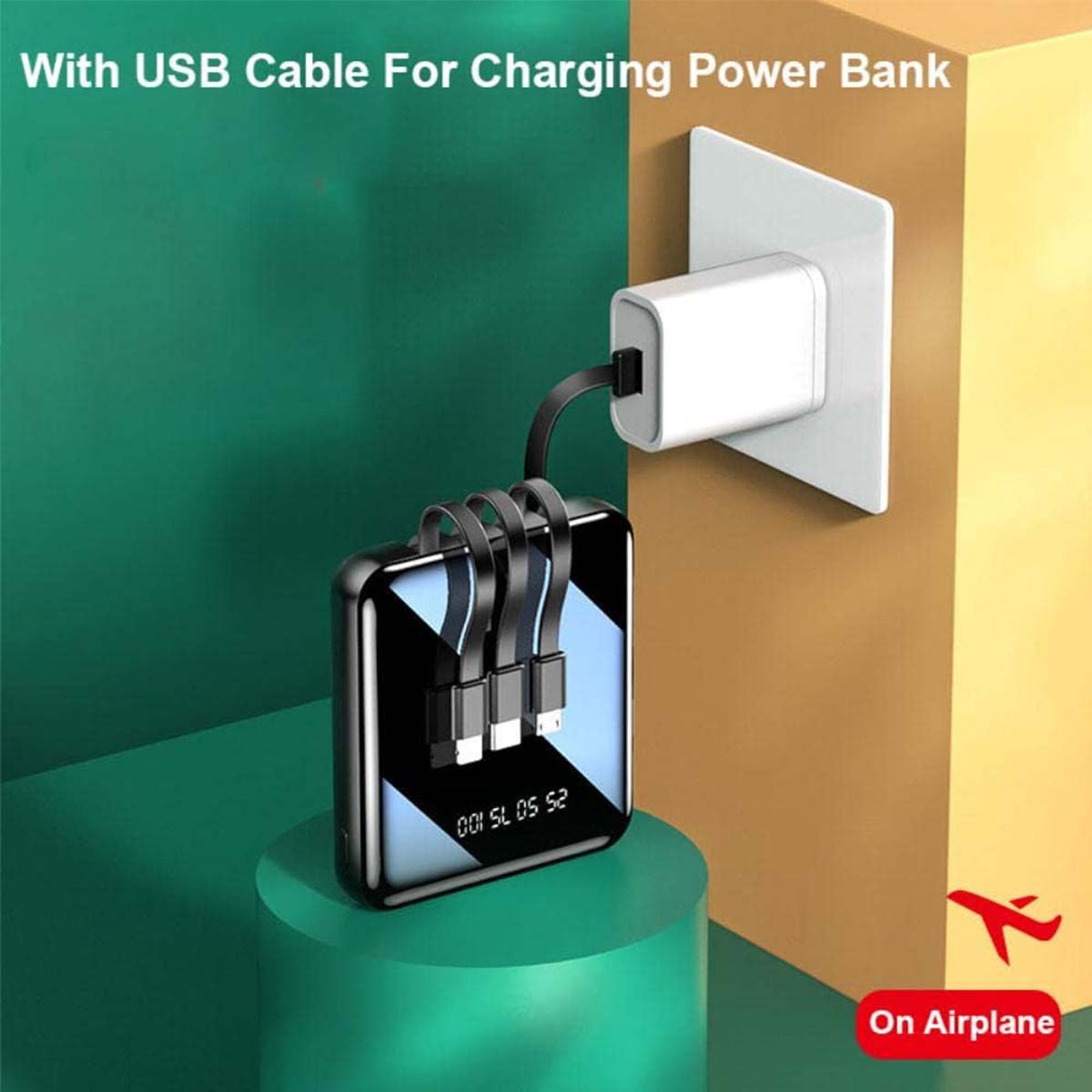 Mini Power Bank with 4 Built in Cables, External Battery Power Pack