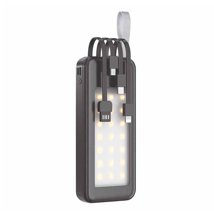 PhoneBits Portable Power Bank 10000mAh, Portable Charger Power Bank with 4 Built-in Cables (Type-C, Micro, Lightning, & USB), Fast Charging Power Bank with LED Display Light & Holding Strap for Smartphone/ iPhone/Tablet