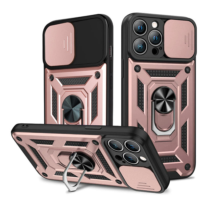 PhoneBits Ultra-Protective Magnetic iPhone Case with Holder & Camera Slide Cover, Shockproof iPhone Ring Holder Case Compatible with Magnetic Car Mount, Mobile Phone Case with Stand, Back iPhone Holder Case Cover