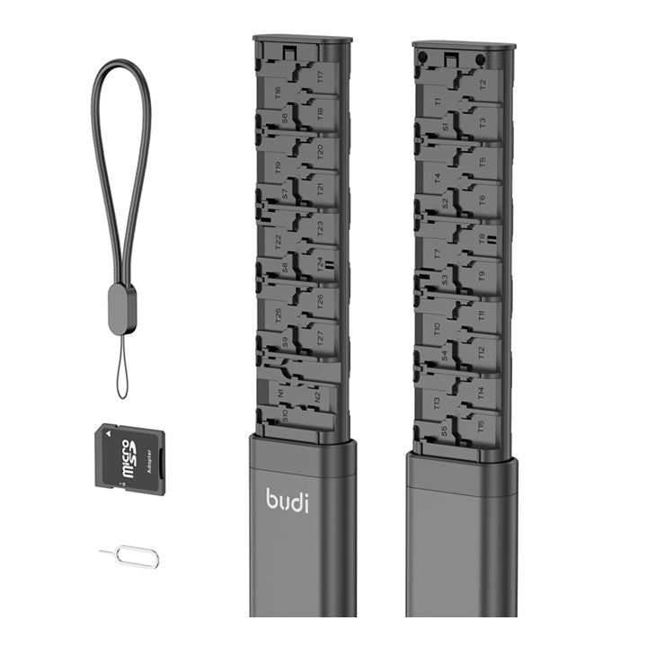 Budi Multi Functional Storage Stick, Smart Cable Stick with TF Card/ SD Card/ Nano Card Slots, U Disk/ Micro USB Ports & Phone Cradle, Universal Card Storage Box & Fast Card Reader with Ejector Pin, Lanyard & Micro SD Adapter for Smartphones/ Laptop