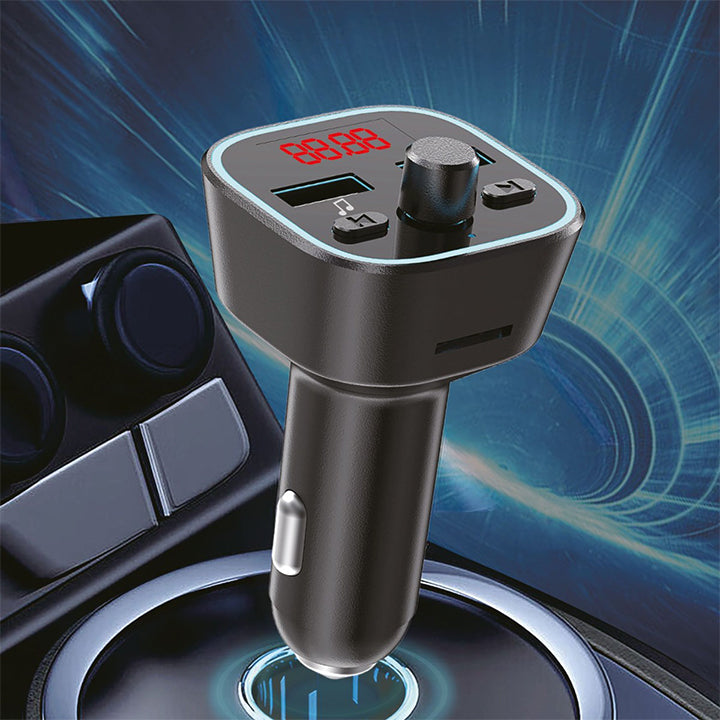 PhoneBits FM Transmitter & Car Charger, USB Fast Charging Wireless Car Charger with Dual USB-A Ports, FM Bluetooth Car Transmitter with MP3 Flash Drive/TF Card Ports & Mic, Phone Car Adapter with Next/Previous/End Call Buttons, LED Light & Digital Display