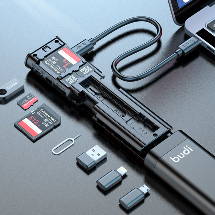 Budi USB C 3.0 Card Reader Multifunction Storage Stick, Multi Function Cable Stick Kit, Keychain USB Cable Kit