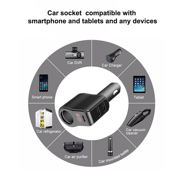 PhoneBits 3 Ports USB Car Charger, Dual USB 3.1A & Single PD USB-C In Car Charger Socket, Fast Charging Car Phone Charger with Voltage Monitor, Power Car Charger Adapter for Cigarette Lighter Socket