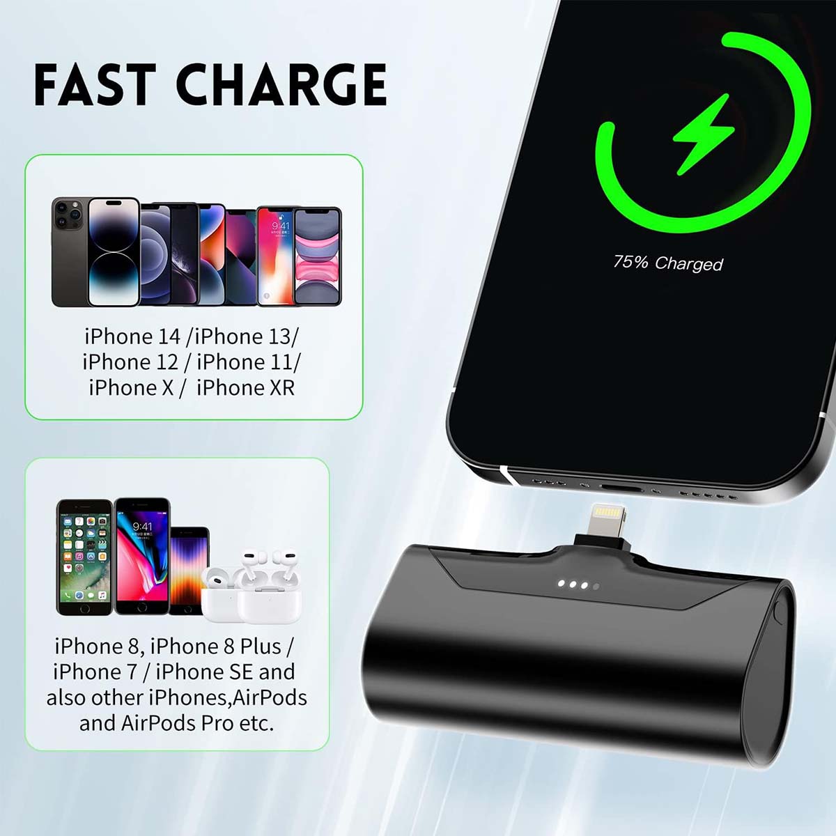 Portable Charger for iPhone, 5000mAh Fast Charging Power Bank with built in USB C Cable