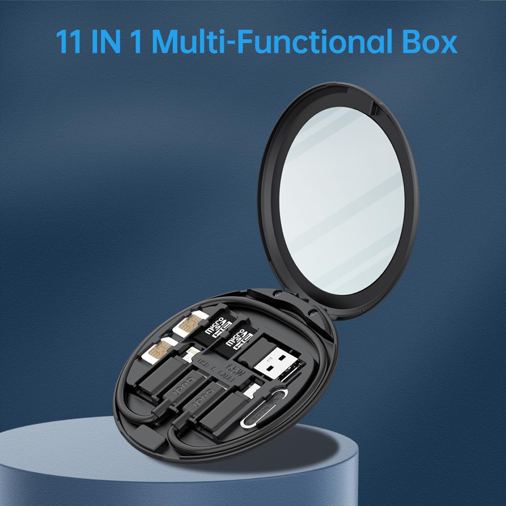 Budi Multifunctional Cable & Connector Kit, 11 in 1 Multi functional Box with Makeup Mirror, Multifunctional Box with Phone Holder
