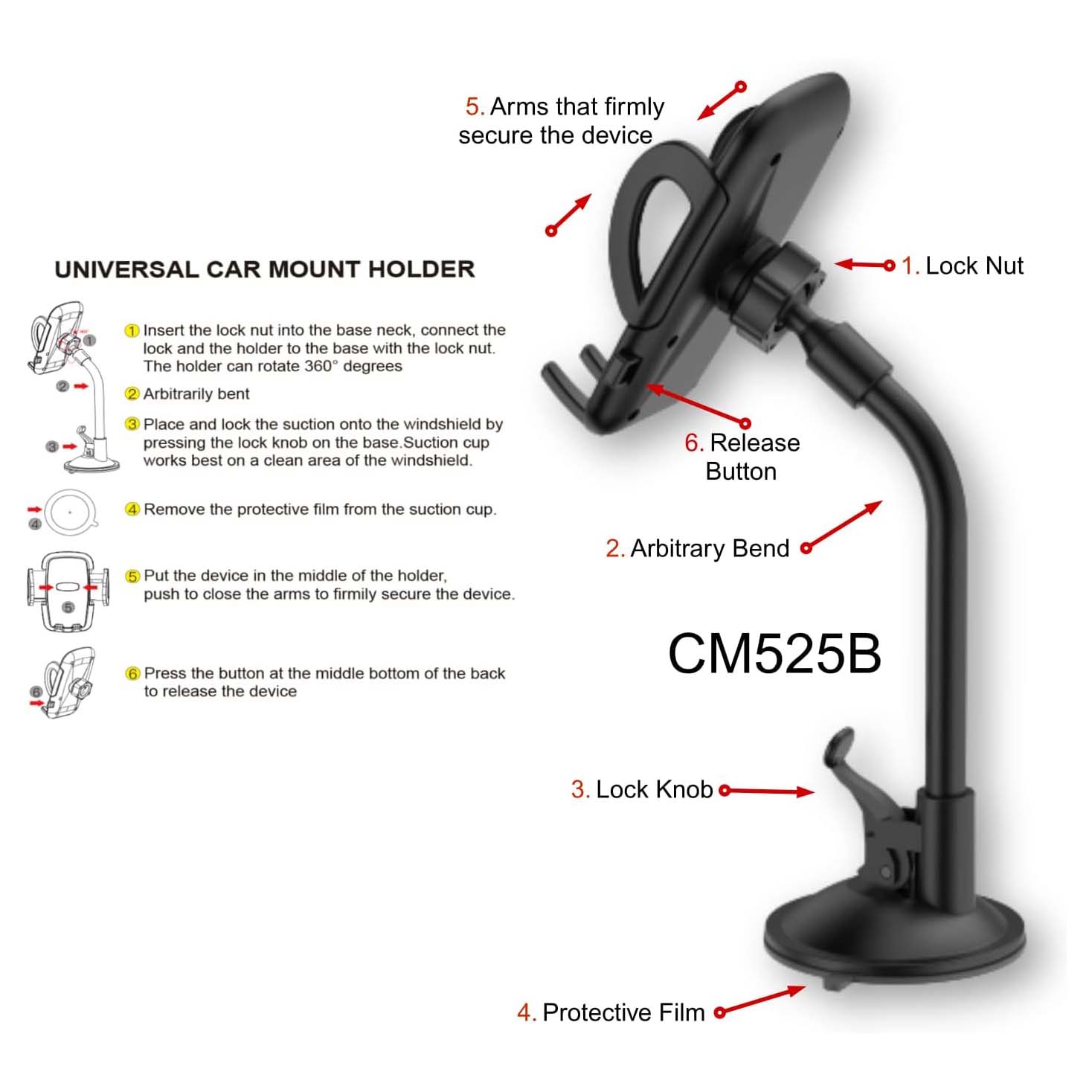 Budi Car Mount Holder, Universal Car Mobile Phone Mount, Suction Cup Dashboard Window Holder