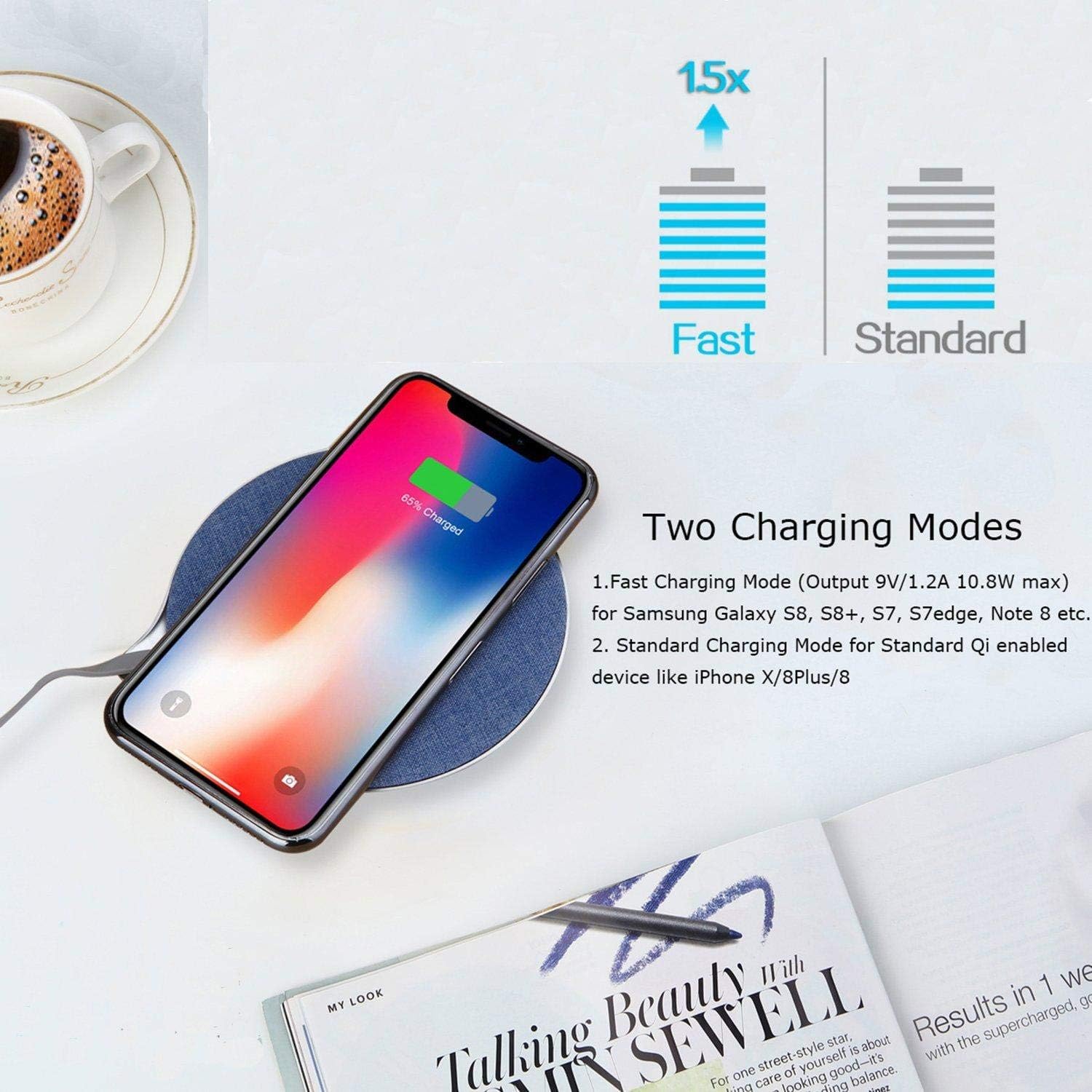 PhoneBits Wireless Charging Pad, Wireless Charger Android 15W, Wireless Charger Pad Leather