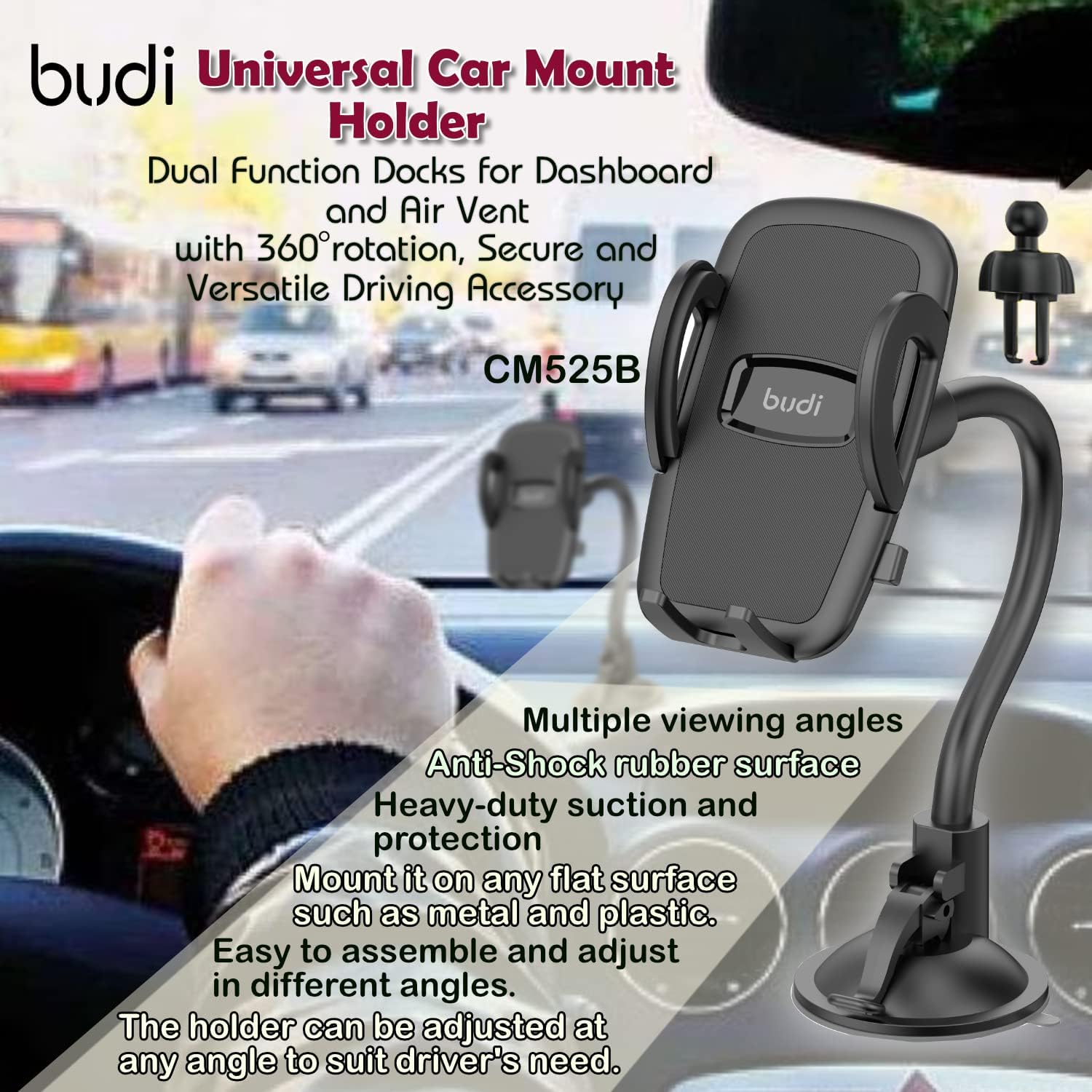 Budi Car Mount Holder, Universal Car Mobile Phone Mount, Suction Cup Dashboard Window Holder