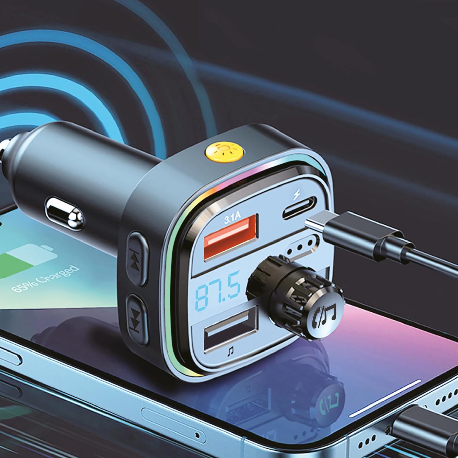 Phone Car Charger FM Transmitter, USB C & USB A In Car Fast Charger,  2 Port Fast Charger
