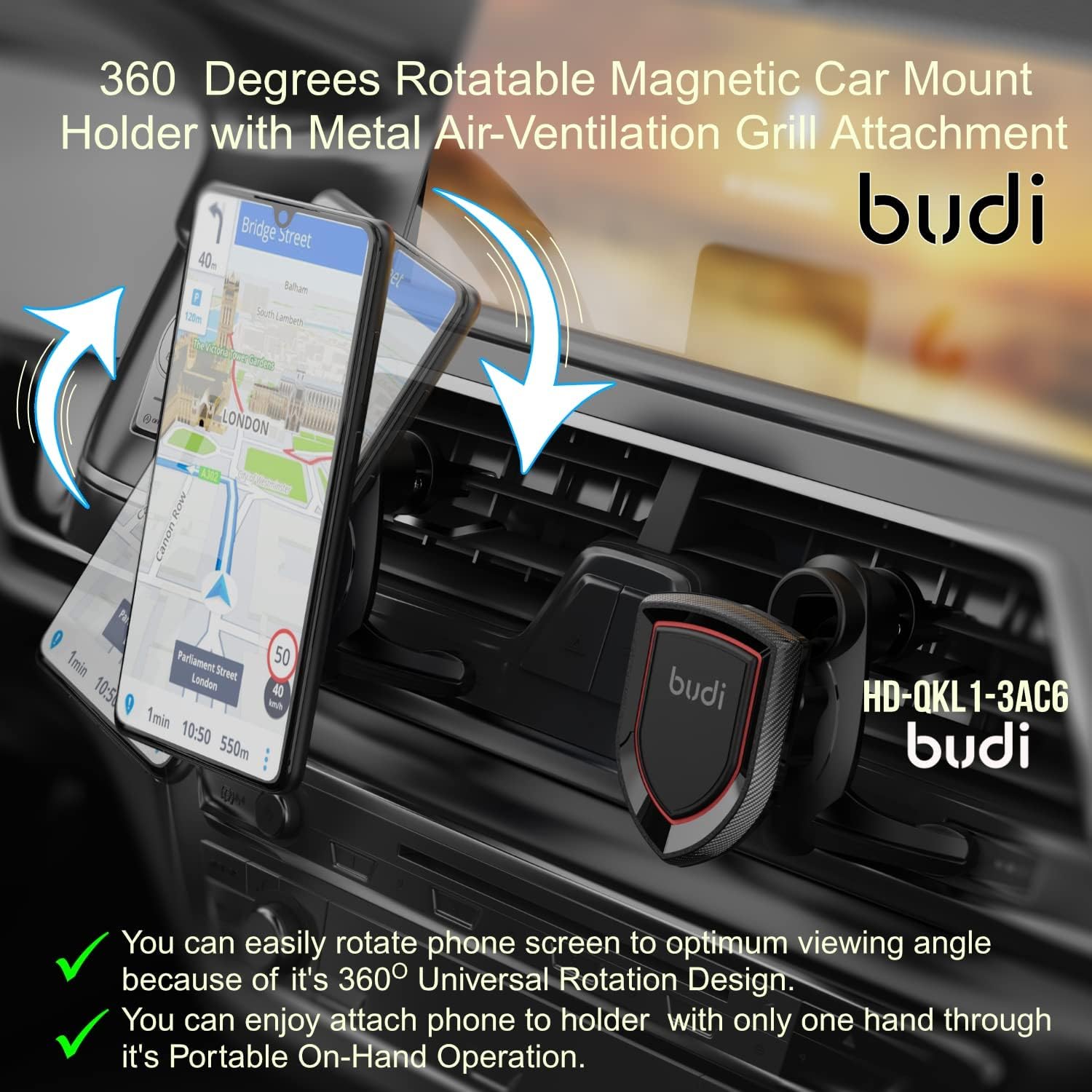 Budi Car Phone Holder, MagSafe Phone Holder, Adjustable Car Phone Mount Cradle