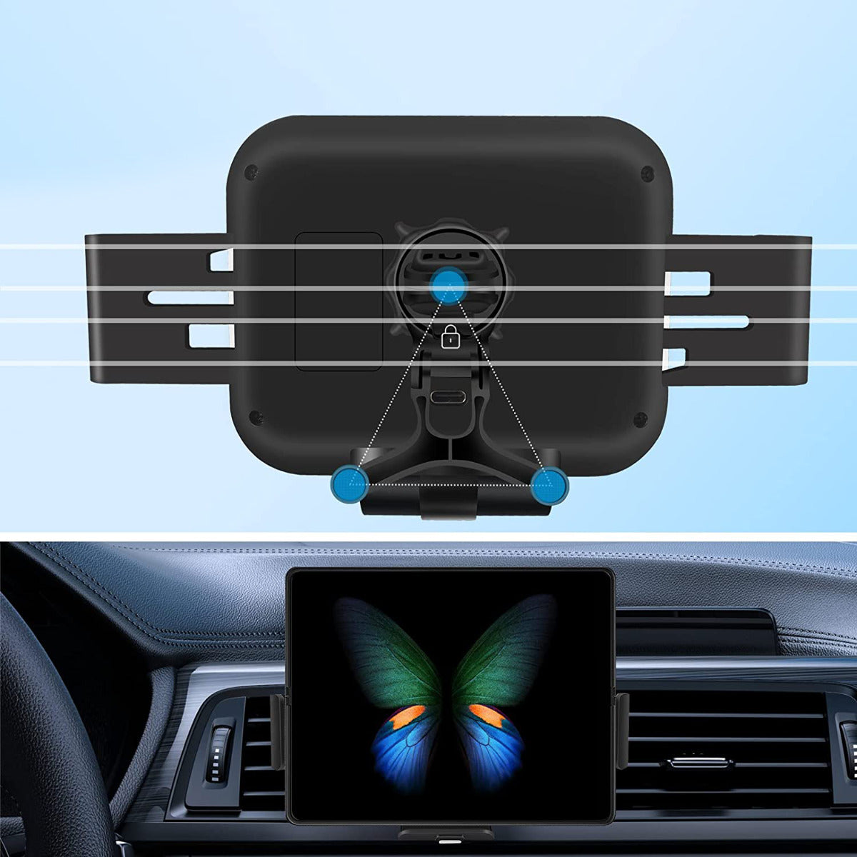 PhoneBits High-Quality In-Car Adjustable Tablet Holder and Wireless Charger with 360° Rotatable Dashboard Mount