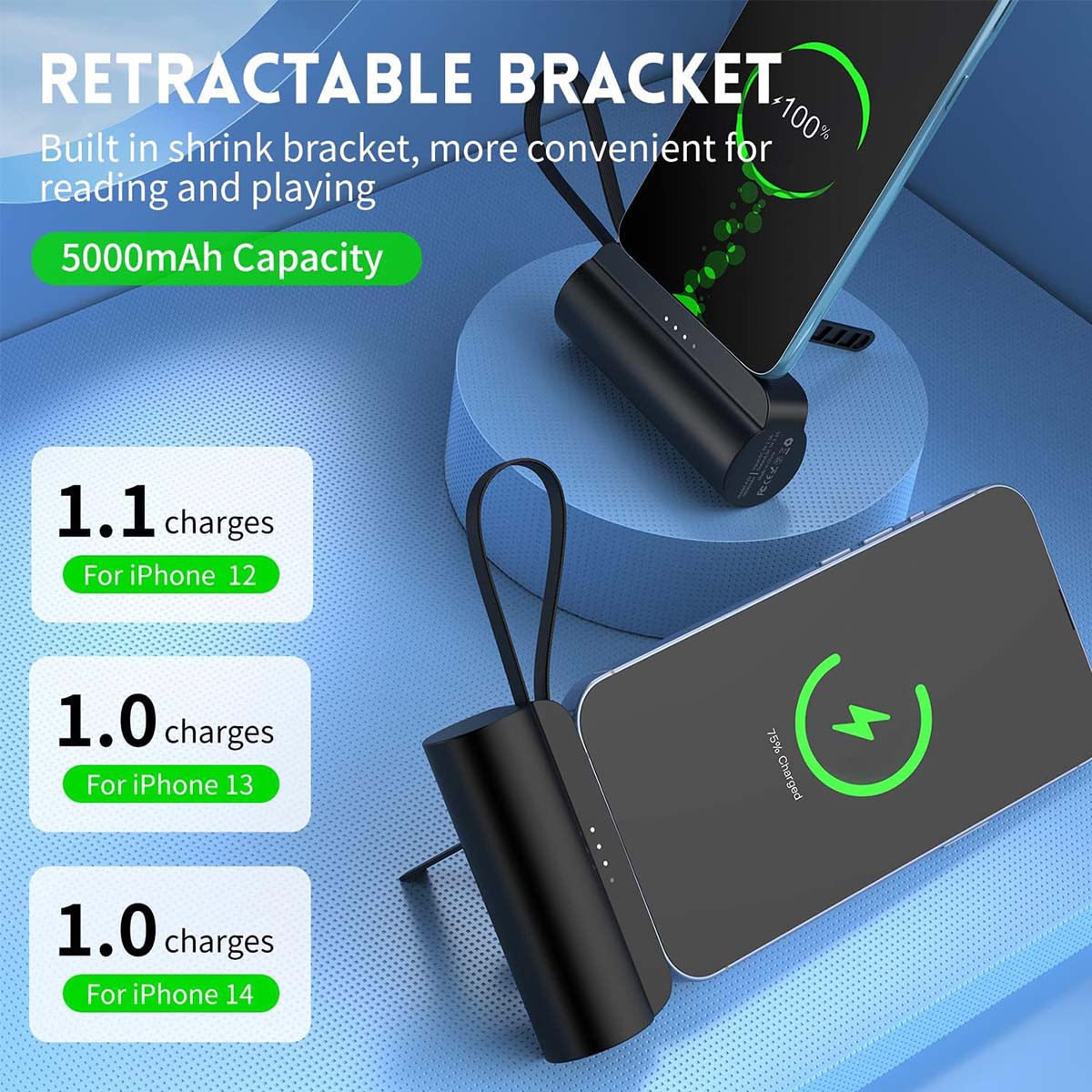 Portable Charger for iPhone, 5000mAh Fast Charging Power Bank with built in USB C Cable