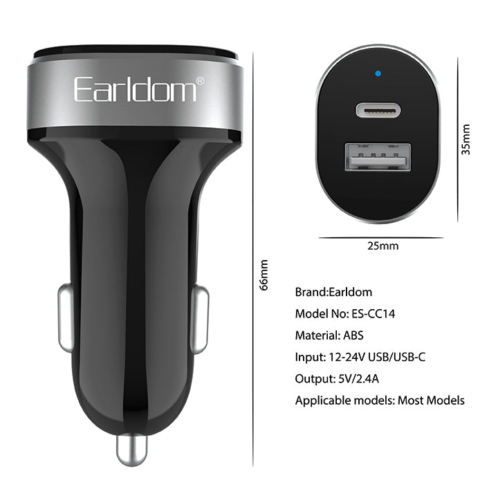 Earldom Dual USB Car Charger, USB-A & USB-C Ports In Car Charger Socket, Fast Charging Car Phone Charger with Indicator Light, Power Car Charger Adapter for Cigarette Lighter Socket