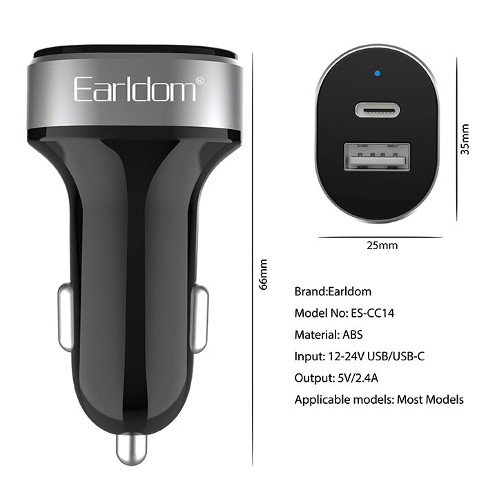Dual USB Car Charger, USB A & USB C In Car Charger