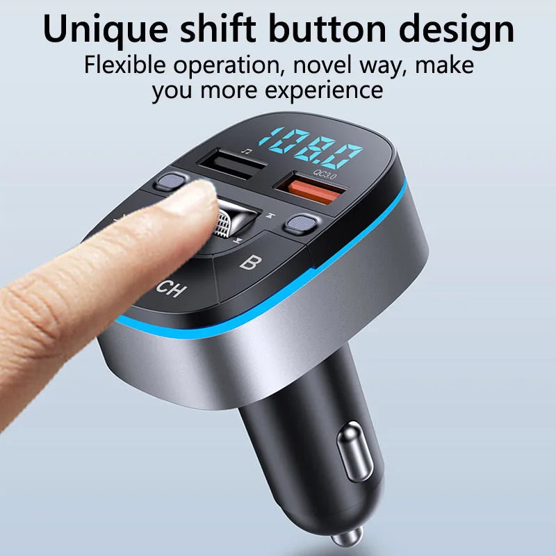 PhoneBits FM Transmitter & Car Charger, USB Fast Charging Wireless Car Charger with QC 3.0/AUX Ports, FM Bluetooth Car Transmitter with MP3/TF Card Ports & Mic, Phone Car Adapter with Bass/ Frequency/CH/End Call/Lights/Volume Shift Buttons & LED Display