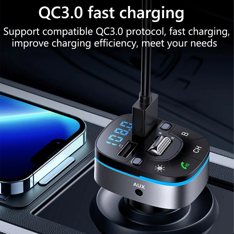 PhoneBits FM Transmitter & Car Charger, USB Fast Charging Wireless Car Charger with QC 3.0/AUX Ports, FM Bluetooth Car Transmitter with MP3/TF Card Ports & Mic, Phone Car Adapter with Bass/ Frequency/CH/End Call/Lights/Volume Shift Buttons & LED Display