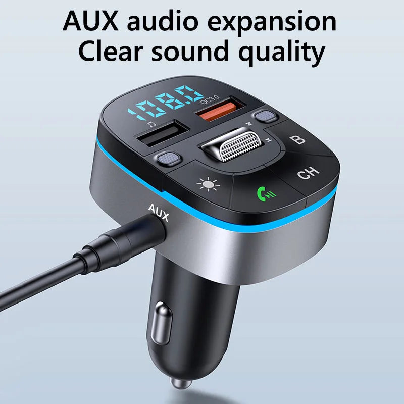 PhoneBits FM Transmitter & Car Charger, USB Fast Charging Wireless Car Charger with QC 3.0/AUX Ports, FM Bluetooth Car Transmitter with MP3/TF Card Ports & Mic, Phone Car Adapter with Bass/ Frequency/CH/End Call/Lights/Volume Shift Buttons & LED Display