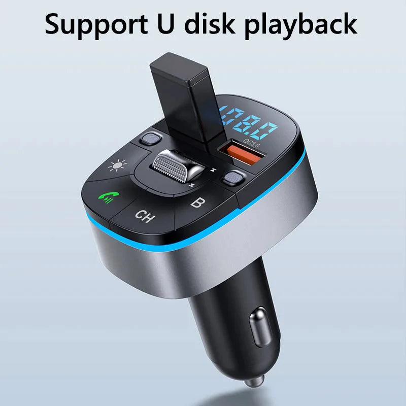 PhoneBits FM Transmitter & Car Charger, USB Fast Charging Wireless Car Charger with QC 3.0/AUX Ports, FM Bluetooth Car Transmitter with MP3/TF Card Ports & Mic, Phone Car Adapter with Bass/ Frequency/CH/End Call/Lights/Volume Shift Buttons & LED Display