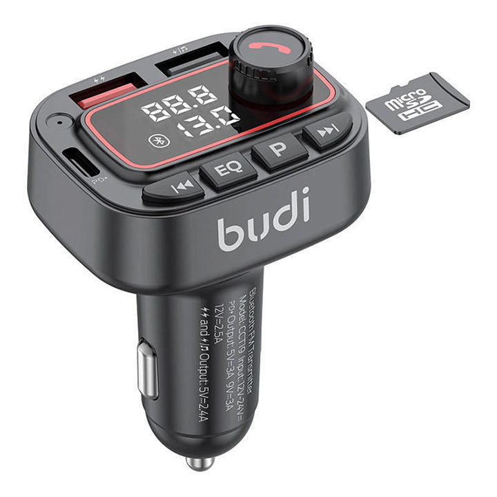 Budi FM Transmitter & Car Charger, USB Fast Charging Wireless Car Charger with PD USB-C/ Dual USB-A Ports, FM Bluetooth Car Transmitter with MP3 USB/TF Card Ports with Mic, Phone Car Adapter with Next/Previous/EQ/End Call/Mode Buttons & LED Display