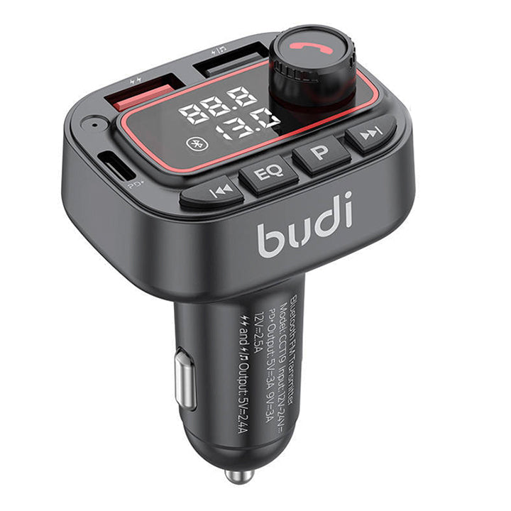 Budi FM Transmitter & Car Charger, USB Fast Charging Wireless Car Charger with PD USB-C/ Dual USB-A Ports, FM Bluetooth Car Transmitter with MP3 USB/TF Card Ports with Mic, Phone Car Adapter with Next/Previous/EQ/End Call/Mode Buttons & LED Display