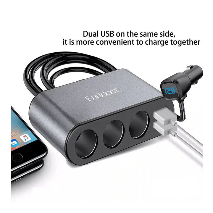 Multifunctional Car Charger Lighter and USB Fast Charging, Dual USB Car Charger with 3 Sockets