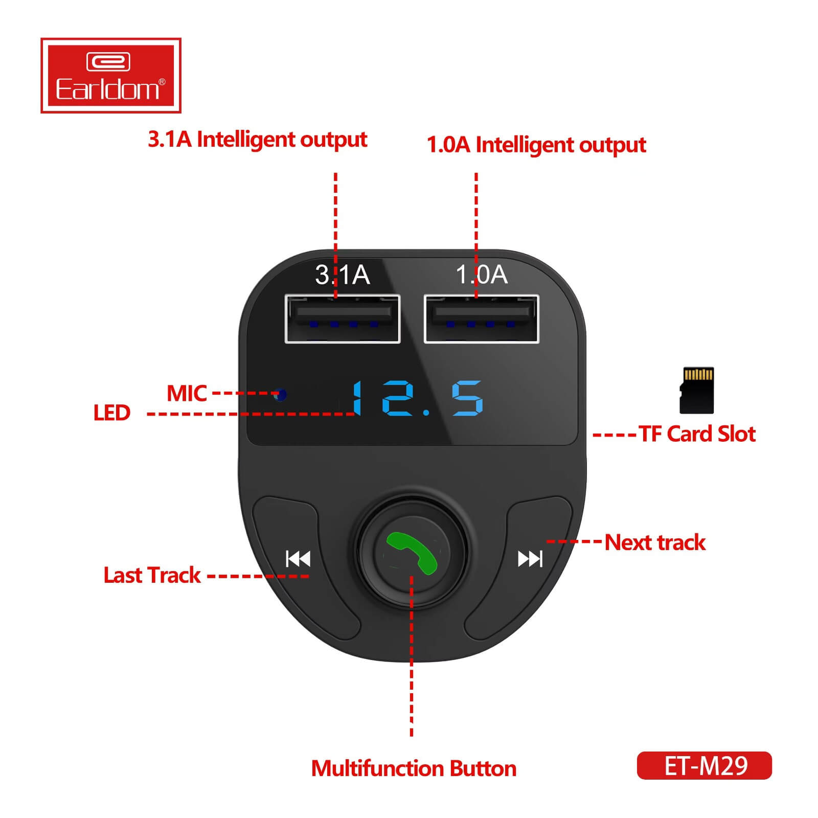 Earldom Bluetooth Car Kit, Bluetooth FM Transmitter Fast Car Charger