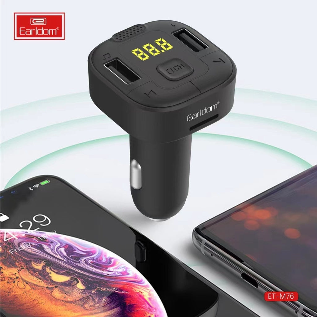 Earldom FM Transmitter & Car Charger, USB Fast Charging Wireless Car Charger with USB-A Charging Port, FM Bluetooth Car Transmitter with MP3 USB Drive/TF Card Ports & Built-In Mic, Phone Car Adapter with Next/Previous/End Call Buttons & LED Display