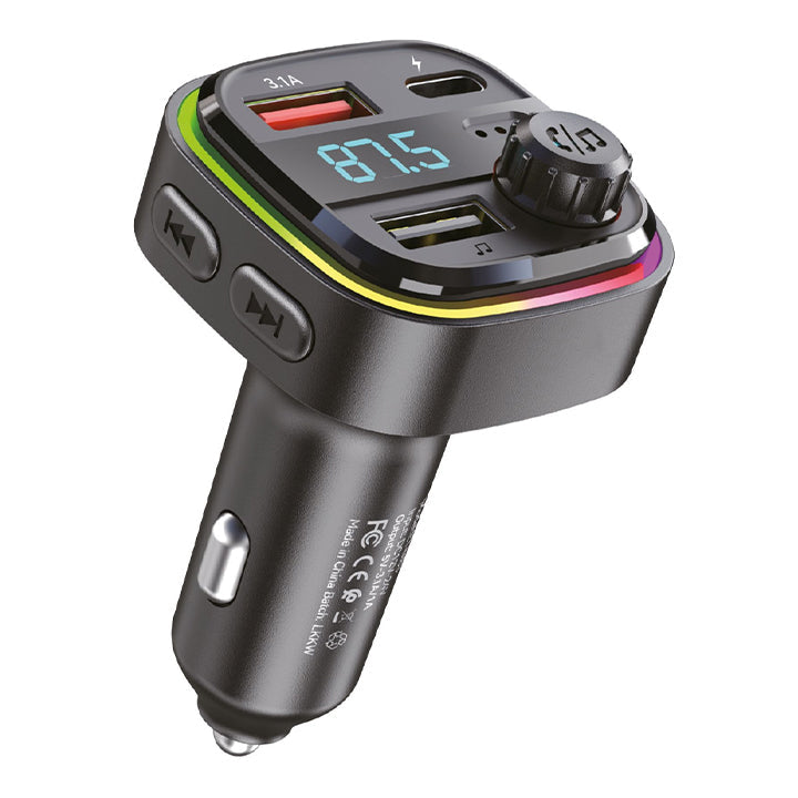 Budi FM Transmitter & Car Charger, USB Fast Charging Wireless Car Charger with USB-C/Dual USB-A Charging Ports, FM Bluetooth Car Transmitter with MP3 USB Port & Mic, Phone Car Adapter with Next/Previous/End Call/Switch Lights Buttons & LED Display
