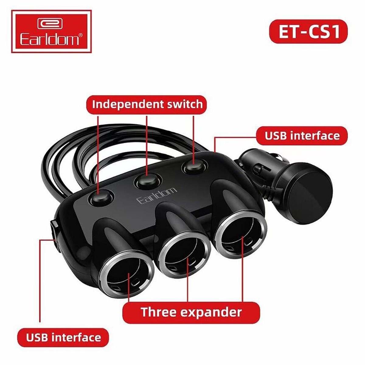 Earldom 3 Ports Cigarette Lighter Sockets & USB Car Charger, Dual USB-A Ports In Car Charger Socket, Fast Charging Car Phone Charger with Voltage Monitor & On/Off Switch Buttons, Power Car Charger & Cigarette Lighter Adapter