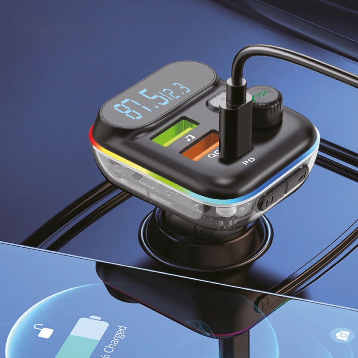 PhoneBits FM Transmitter & Car Charger, USB Fast Charging Wireless Car Charger with PD USB-C/QC 3.0 USB Charging Ports, FM Bluetooth Car Transmitter with MP3 USB Port & Mic, Phone Car Adapter with Next/Previous/End Call/Switch Lights Buttons & LED Display