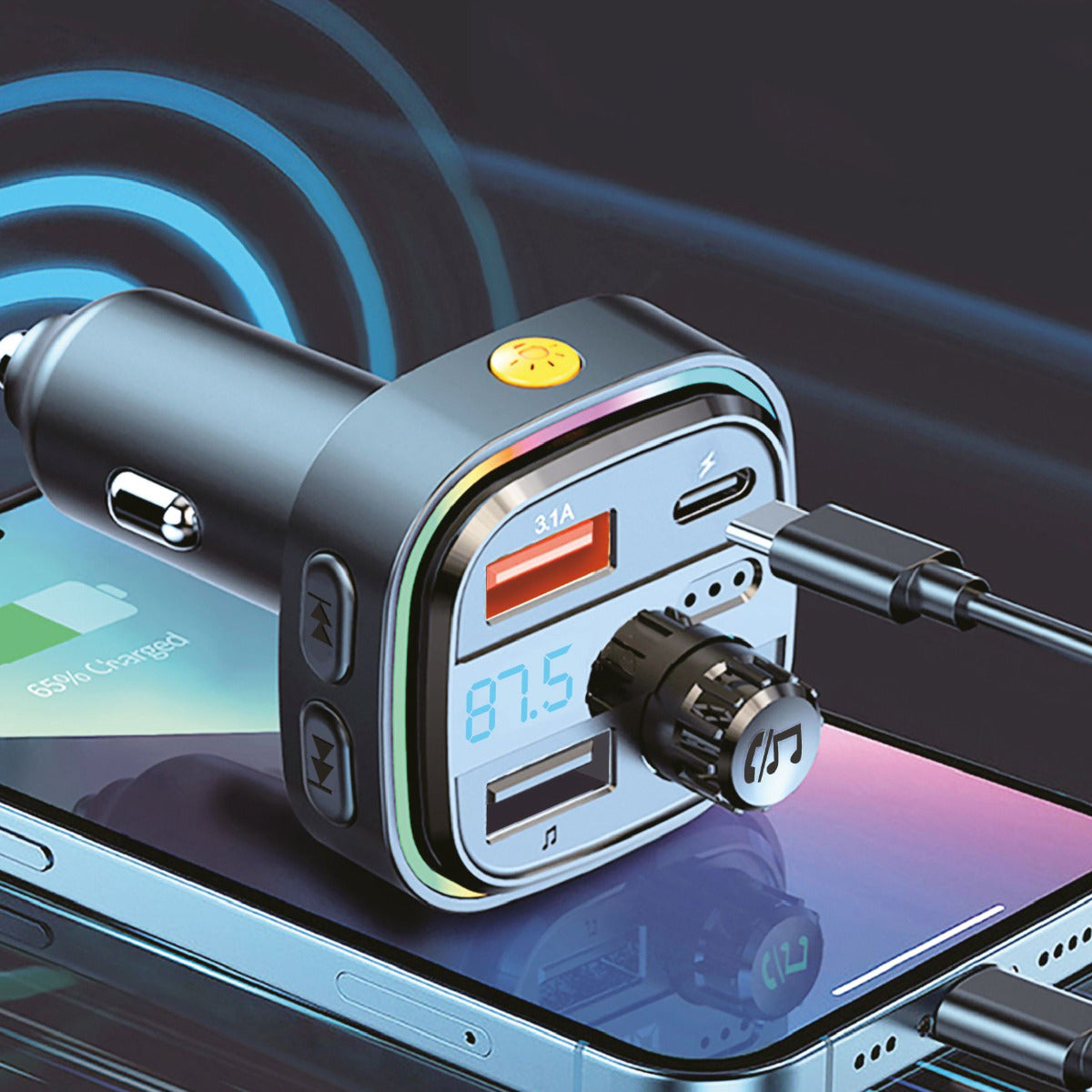 Budi FM Transmitter & Car Charger, USB Fast Charging Wireless Car Charger with USB-C/Dual USB-A Charging Ports, FM Bluetooth Car Transmitter with MP3 USB Port & Mic, Phone Car Adapter with Next/Previous/End Call/Switch Lights Buttons & LED Display