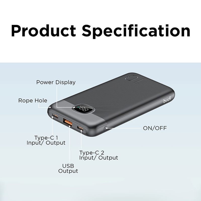 Budi 10000mAh Dual PD+QC3.0 22.5 Quick Charger Power Bank