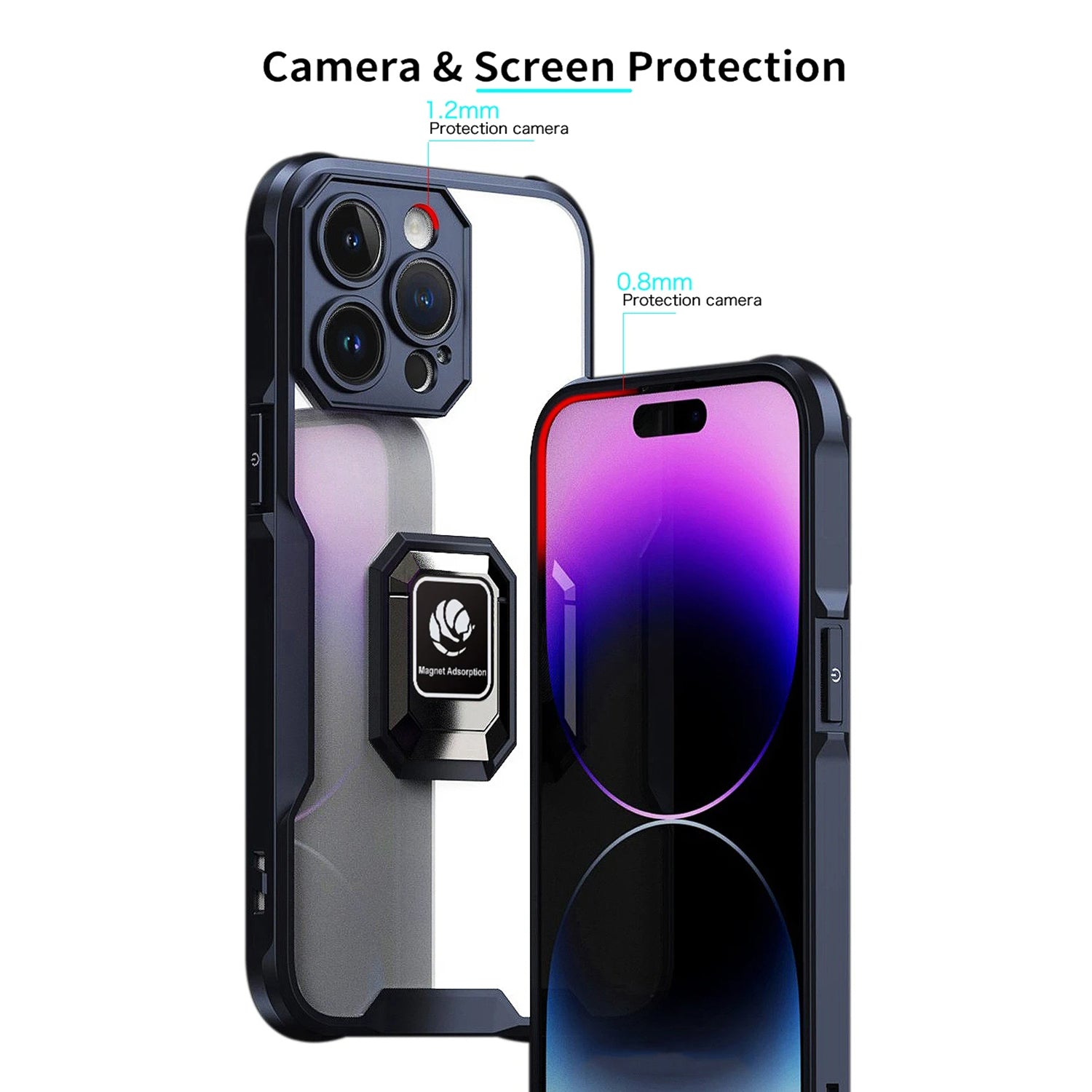 PhoneBits Ultra-Protective Transparent Magnetic iPhone Case with Holder & Camera Lens Protection, Shockproof Crystal-Clear iPhone Ring Holder Case Compatible with Magnetic Car Mount, Mobile Phone Case with Stand, Back iPhone Holder Clear Case Cover