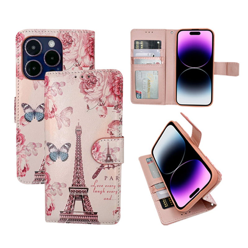 Leren portemonnee-hoesje met print en Eiffeltoren-ontwerp voor de iPhone 15-serie