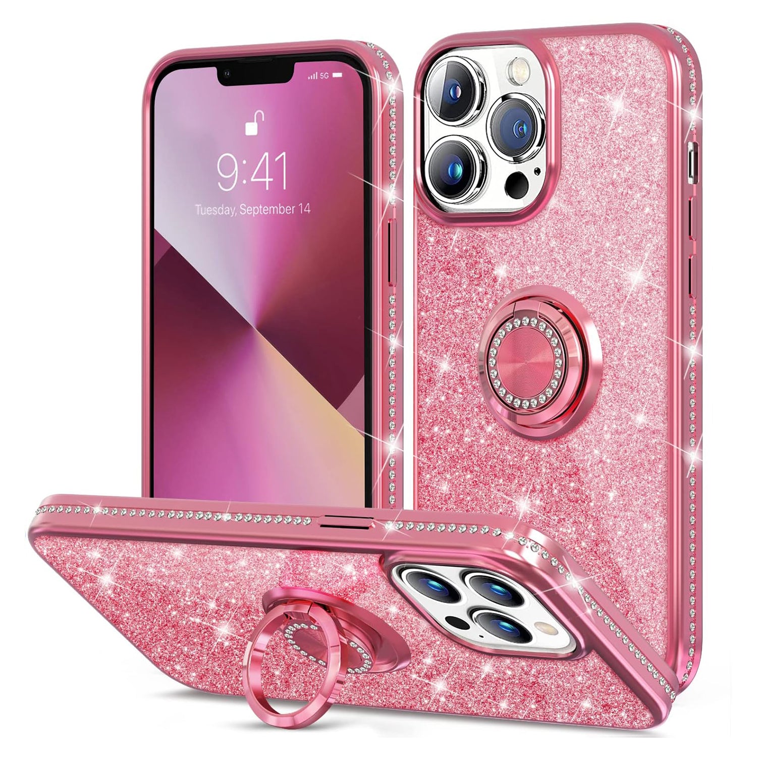 PhoneBits Slim Shiny Diamond Beaded iPhone Case with Ring Holder & Chromed Camera Edge, Protective Shockproof iPhone Ring Holder Case Compatible with iPhone, Mobile Phone Case with Stand for iPhone, Back iPhone Holder Case Cover with Kickstand Ring