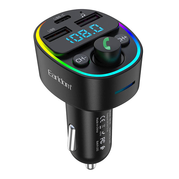 Earldom FM Transmitter & Car Charger, USB Fast Charging Wireless Car Charger with USB-C/USB-A Charging Ports, FM Bluetooth Car Transmitter with MP3 USB & TF Card Ports, Phone Car Adapter with Next/Previous/End Call/Lights Buttons, Mic & Digital Display