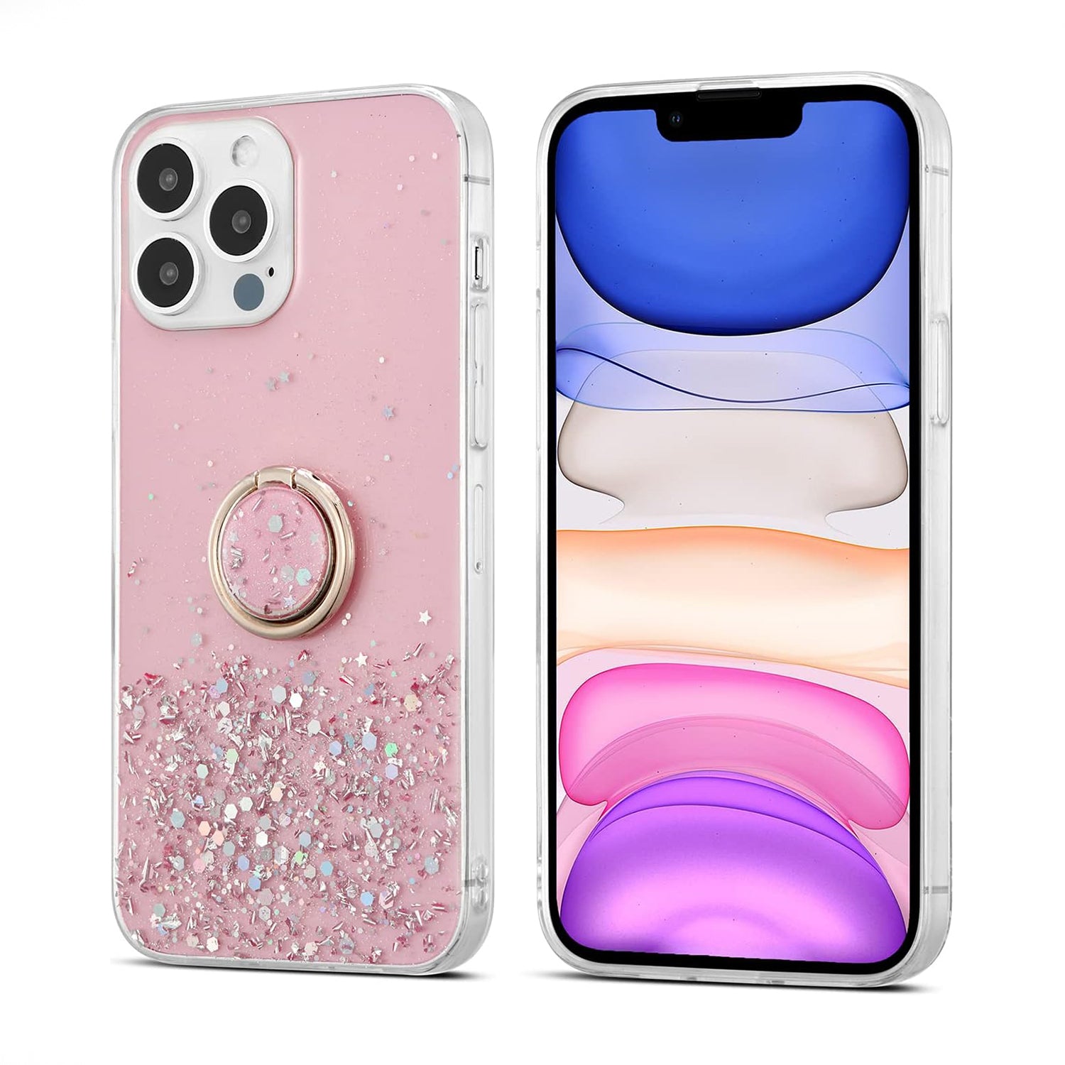 PhoneBits Slim Glittery Soft TPU iPhone Case with Ring Holder & Chromed Camera Edge, Protective Shockproof iPhone Ring Holder Case Compatible with iPhone, Mobile Phone Case with Stand for iPhone, Back iPhone Holder Case Cover with Kickstand Ring