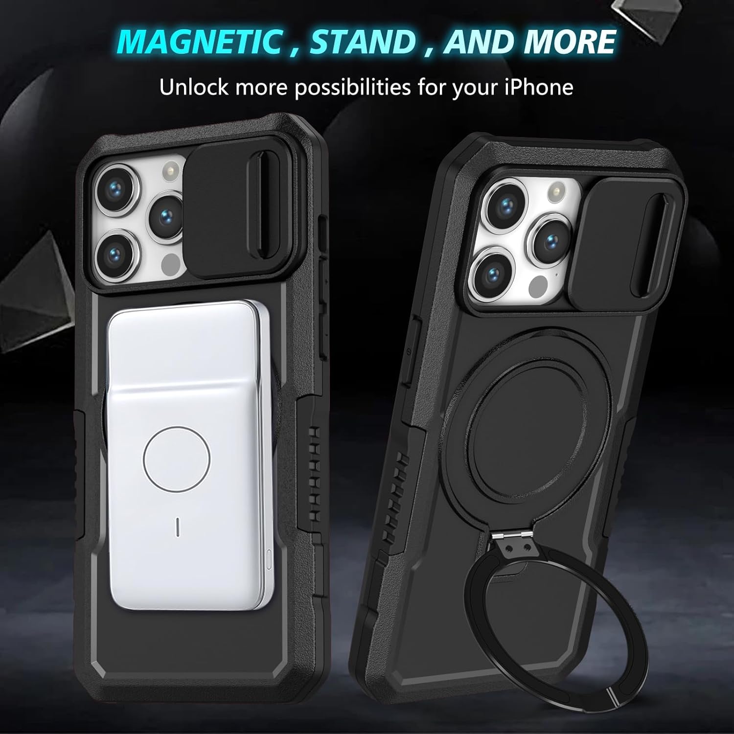 Smart Protective MagSafe Case with Camera Slide Cover and Ring Holder for iPhone