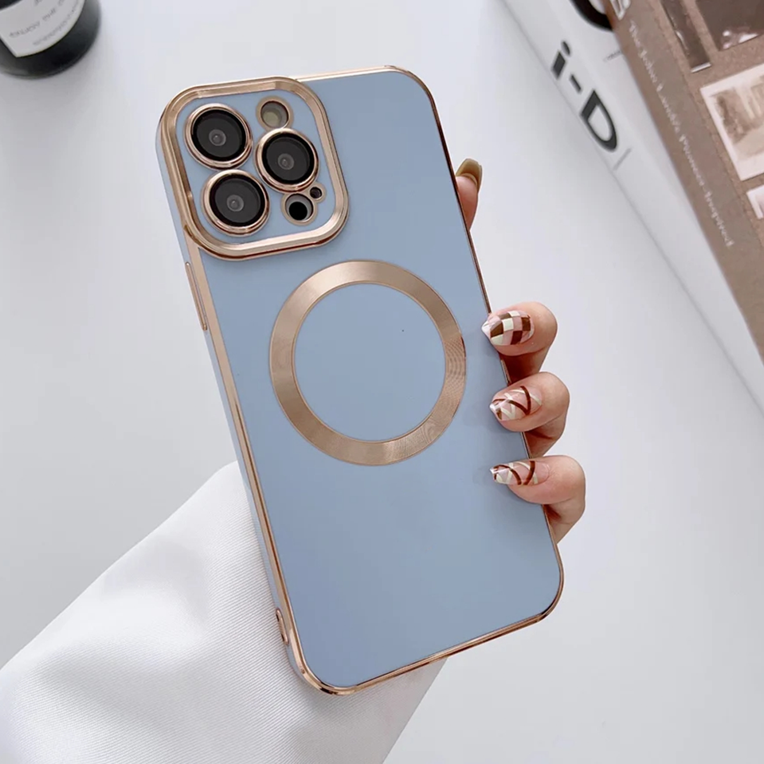 PhoneBits Luxury Soft Silicone MagSafe iPhone Case with Metallic Gold Electroplating Camera Lens & Screen Frame, Protective Shockproof iPhone Case Compatible with iPhone Wireless Chargers, Magnetic Mobile Phone Case for iPhone, iPhone Back Case Cover