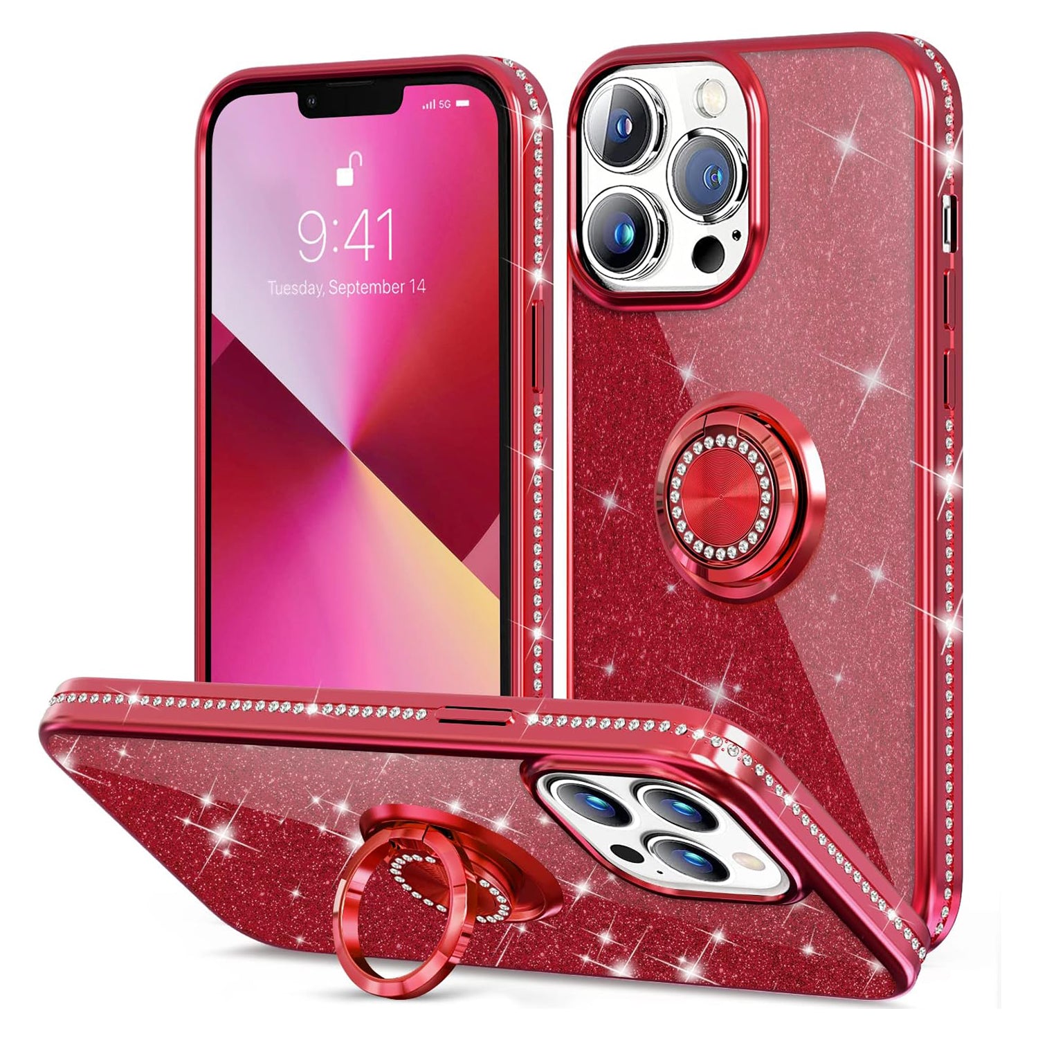 PhoneBits Slim Shiny Diamond Beaded iPhone Case with Ring Holder & Chromed Camera Edge, Protective Shockproof iPhone Ring Holder Case Compatible with iPhone, Mobile Phone Case with Stand for iPhone, Back iPhone Holder Case Cover with Kickstand Ring