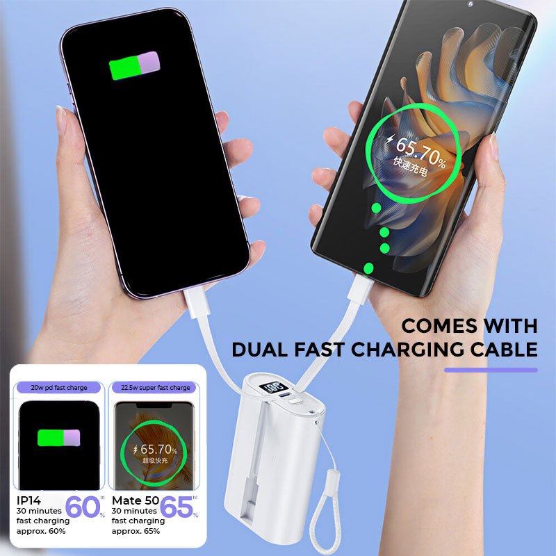 PhoneBits Portable Power Bank 9000mAh, Portable Charger Power Bank with Built-In Type-C/8 Pin  Charging Cables & Type-C/USB-A Ports, PD/QC Fast Charging Power Bank with LED Display, Power Switch & Strap for iPhone/Smartphone