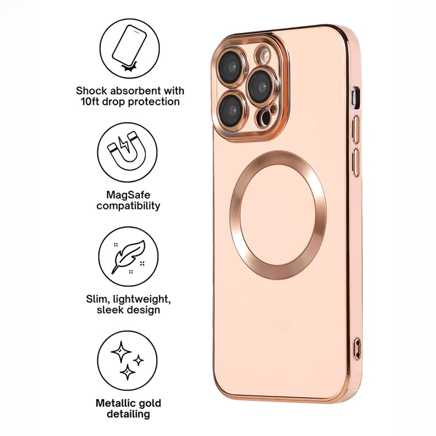 PhoneBits Luxury Soft Silicone MagSafe iPhone Case with Metallic Gold Electroplating Camera Lens & Screen Frame, Protective Shockproof iPhone Case Compatible with iPhone Wireless Chargers, Magnetic Mobile Phone Case for iPhone, iPhone Back Case Cover