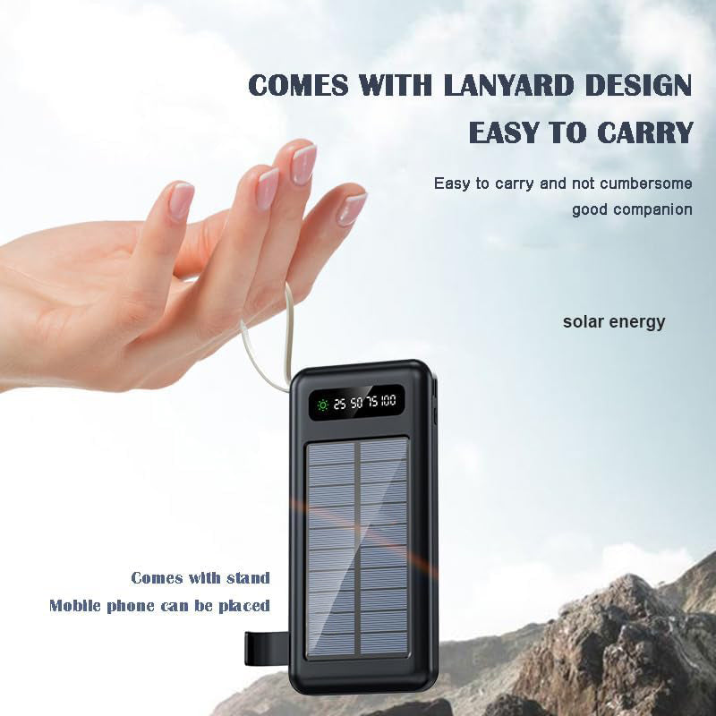 PhoneBits Portable Power Bank 20000mAh, Portable Charger Power Bank with USB-A Port & 4 Detachable Cables (Lightning, Type-C, Micro USB & USB), Fast Charging Power Bank with Dual LED Lights, Digital Power Display, Strap & Solar Panel for Smartphone/iPhone